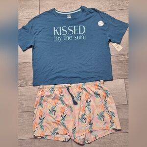 George Ladies 2 Piece Blue Short Sleeve Shirt With Floral Shorts Sleepwear.